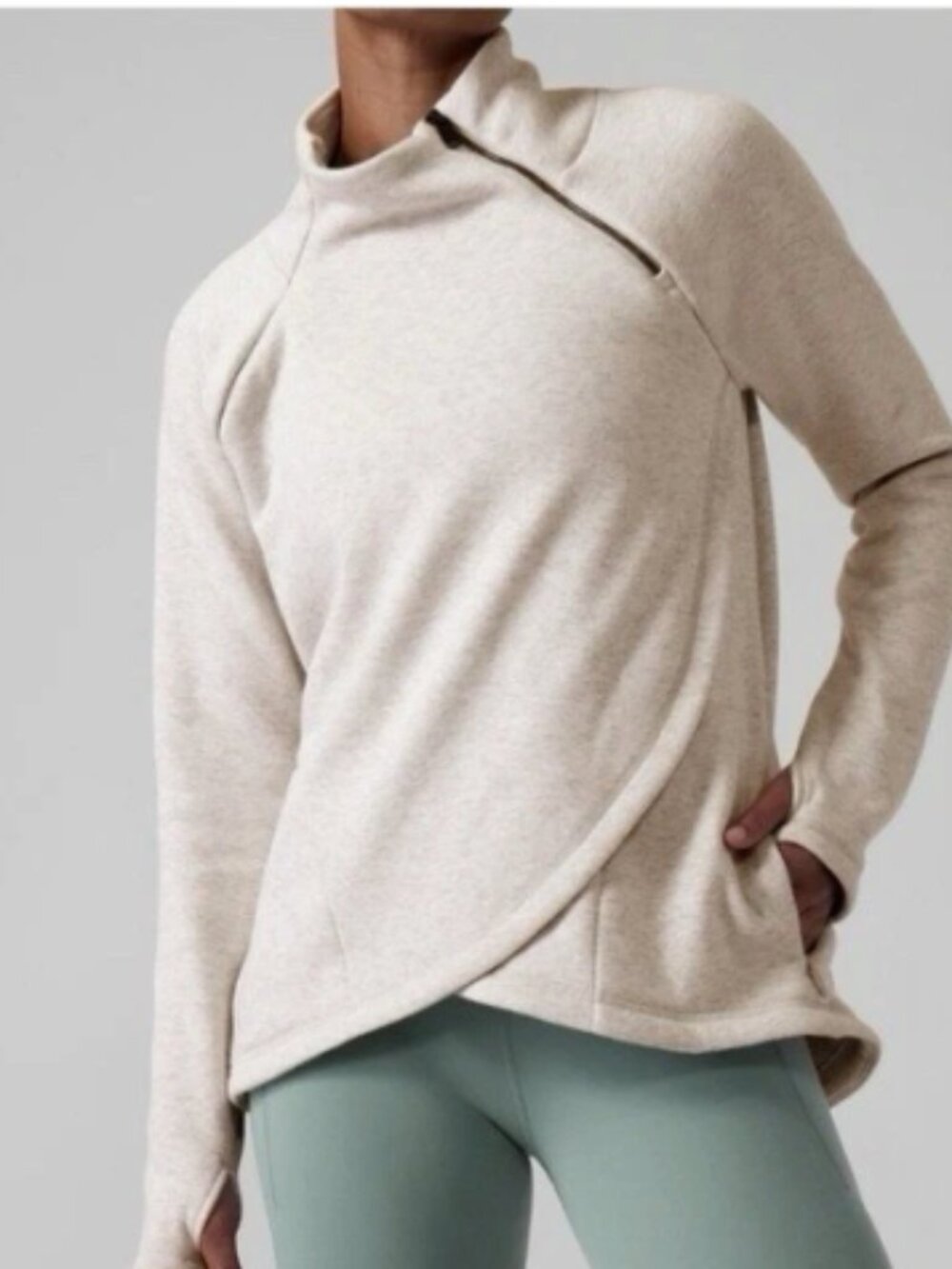Athleta Cozy Karma Asym Pullover Heathered Cream Oatmeal sz XS NWT